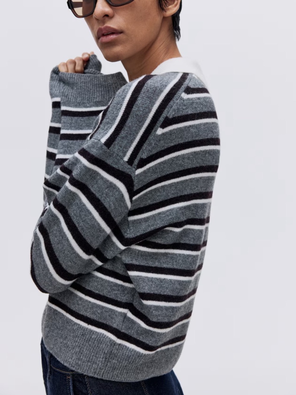 H&M oversized polo sweater Gray melange/striped - Picture 2 of 9